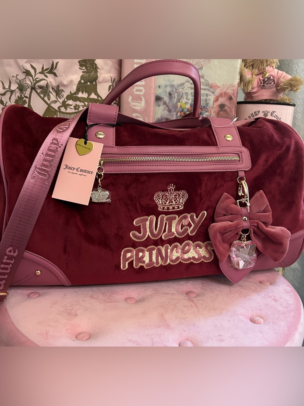 NWT Juicy Couture Juicy Princess Weekender Duffle Bag Cranberry Juice Velour